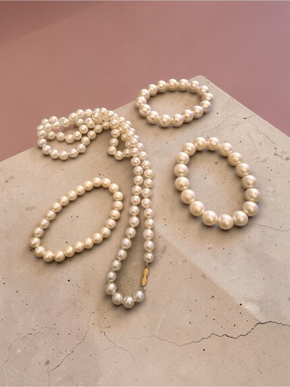 Vintage Faux Pearl Jewelry Lot – 3 Stretch Bracelets (2 Large 11mm 1 Med 7mm